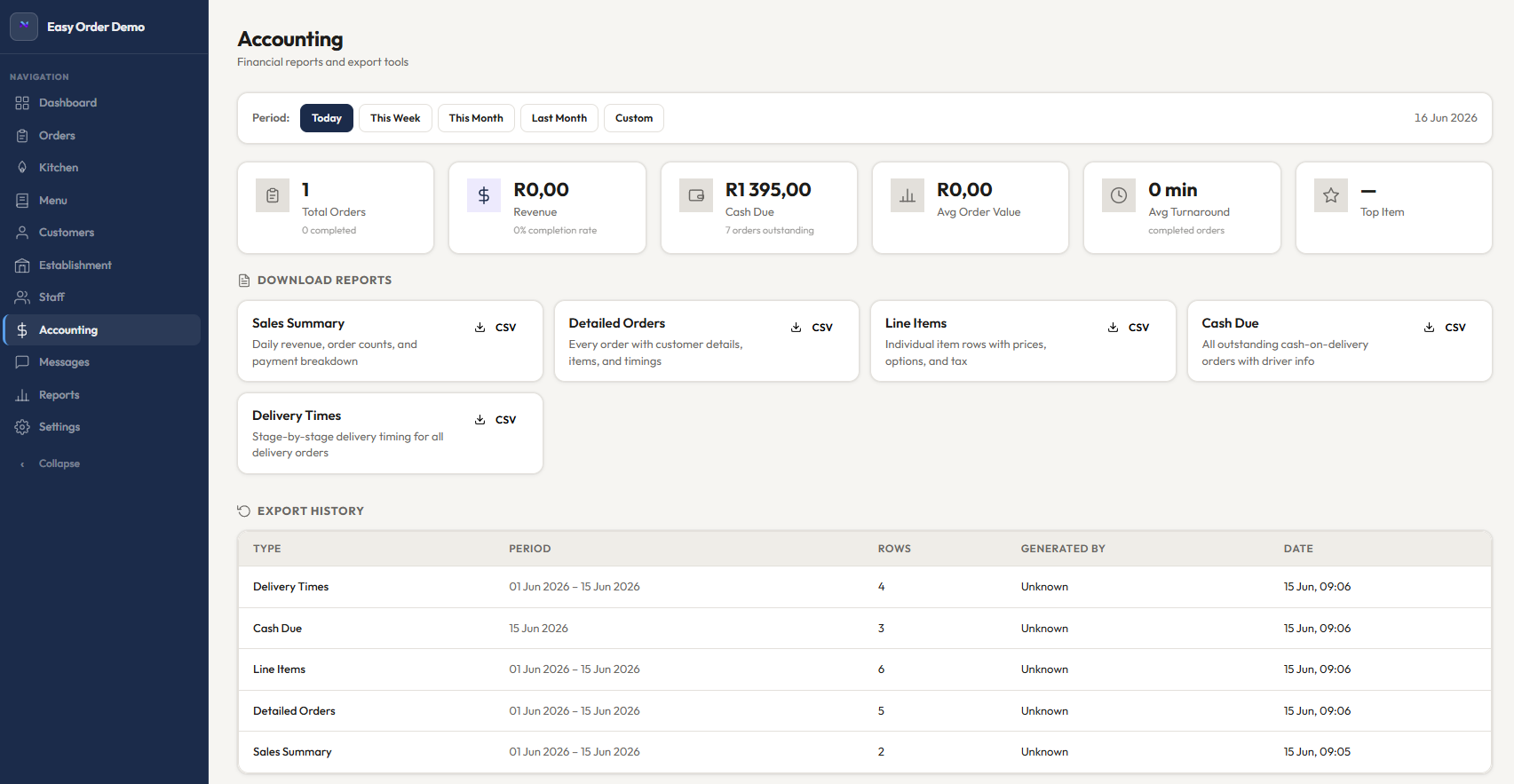 Accounting export screen with CSV download