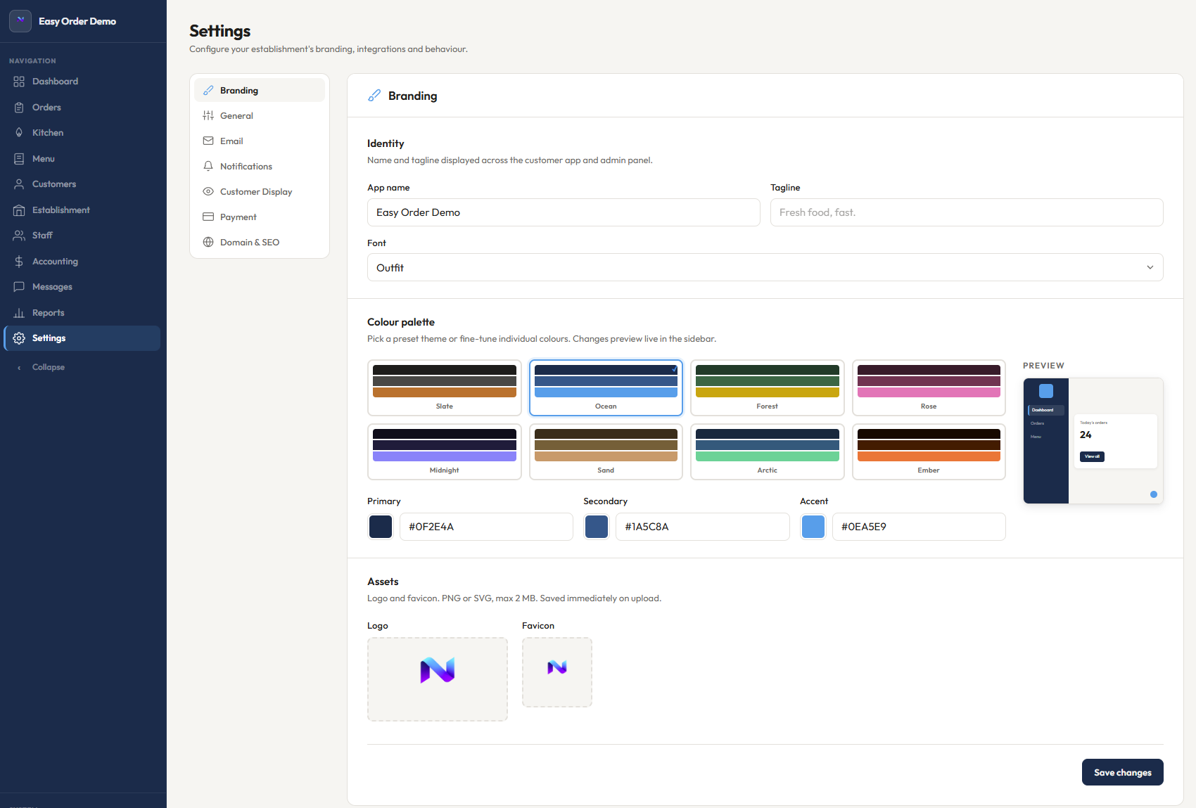 Custom branded ordering setup screen