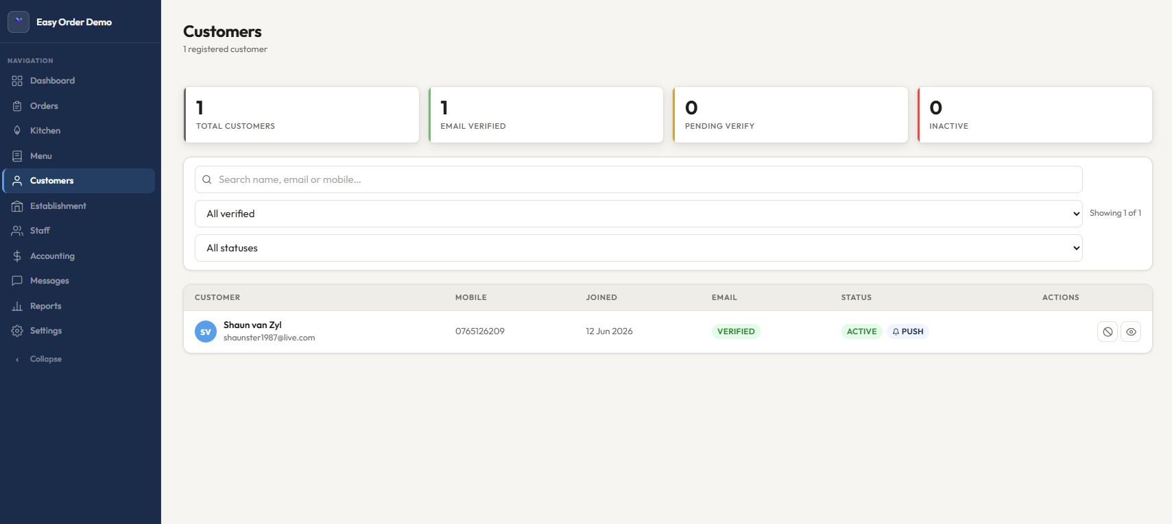 Customer activity and insights screen