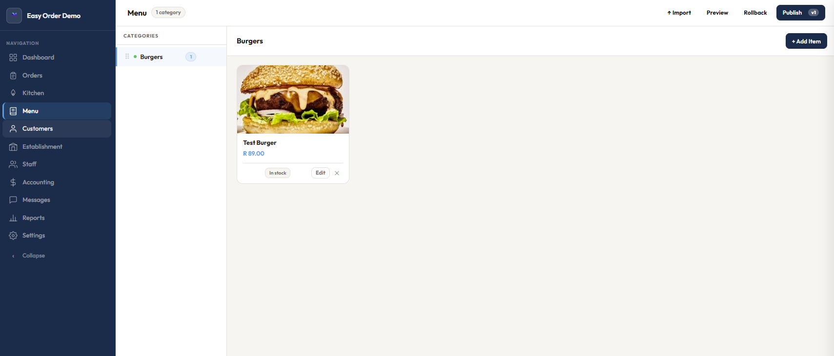 Menu management screen with categories and products
