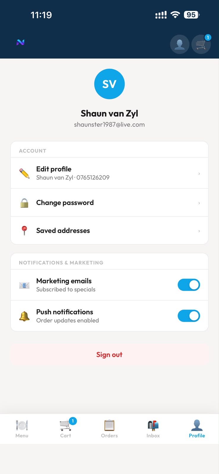 Customer account and order history screen