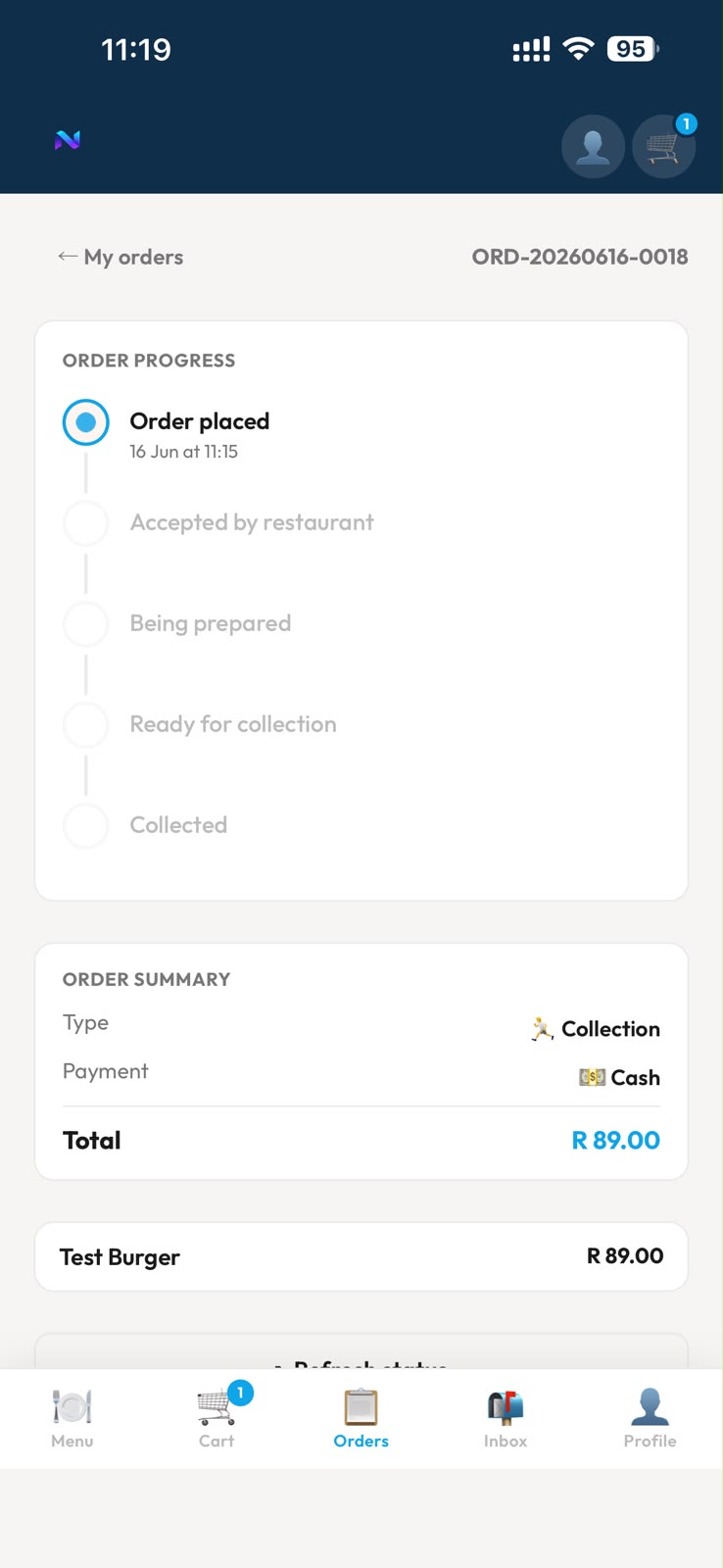 Customer order tracking screen on mobile